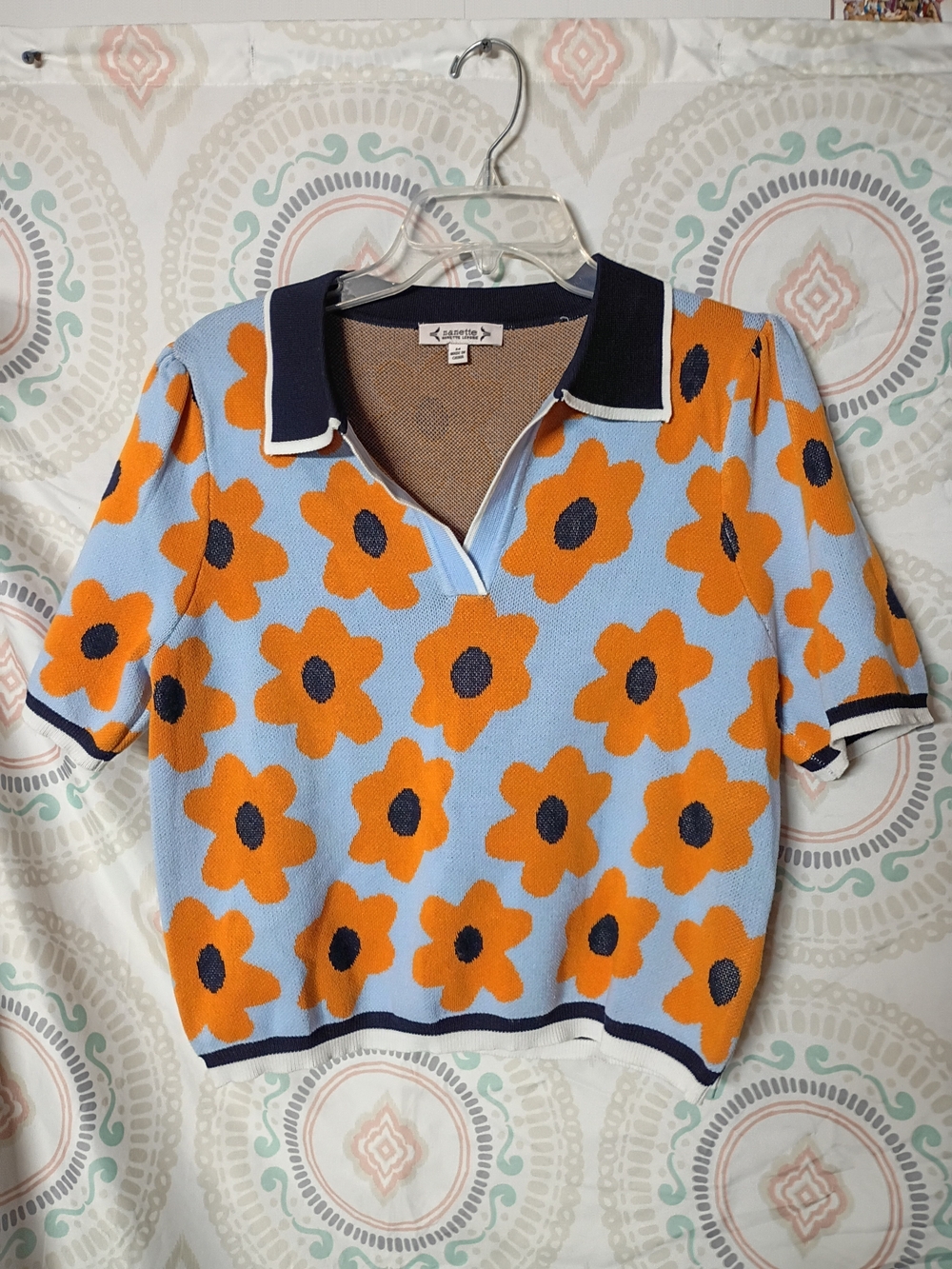 Nanette Lepore Blue Floral V-Neck Sweater with Orange Flowers